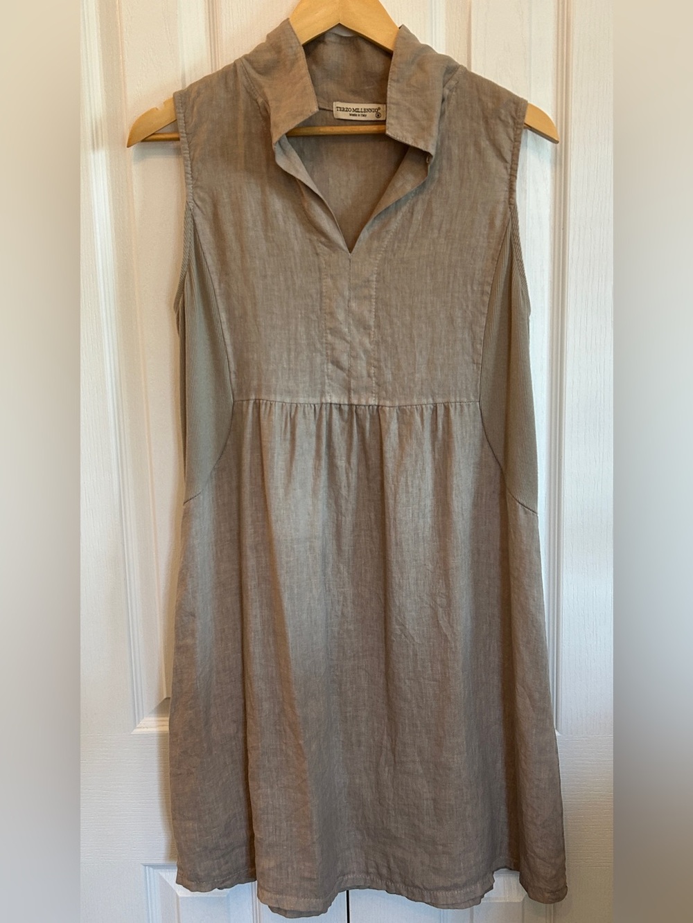 Terzo Millennio 100% Linen Popover Dress Midi Taupe Sleeveless M